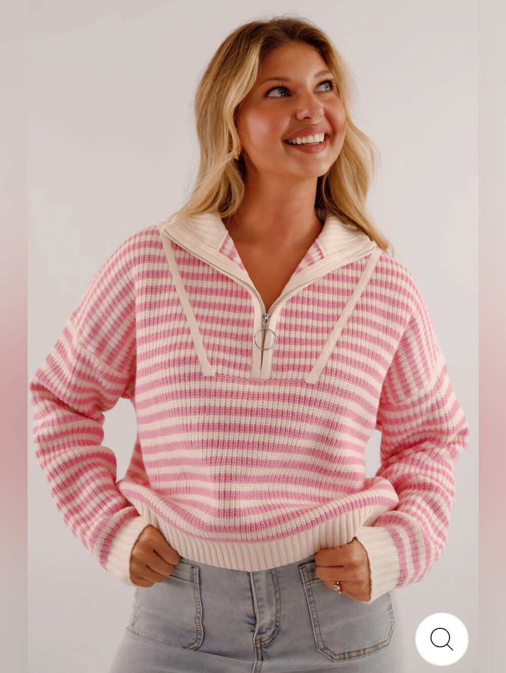 Women's Pink Striped Half-Zip Sweater